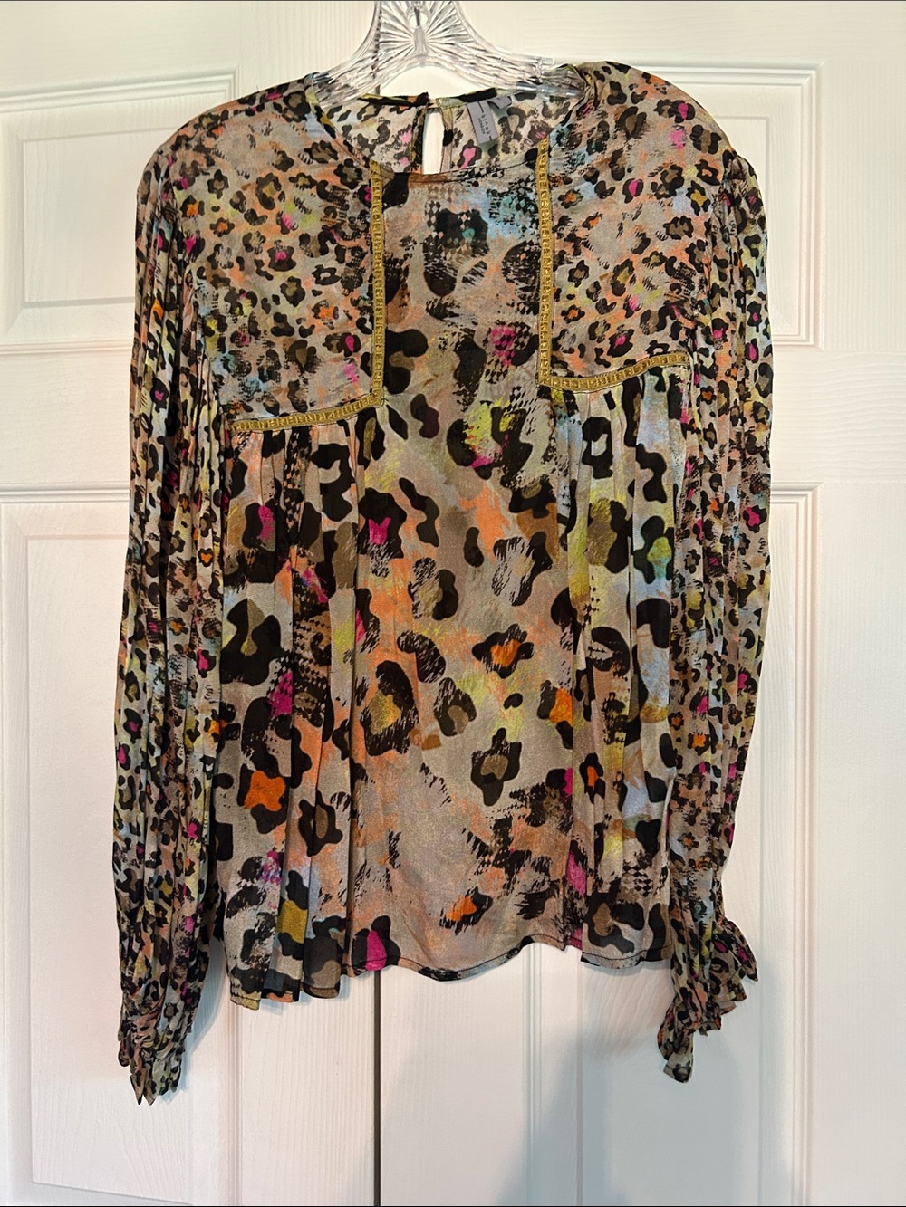 Multicolor Leopard-Print Long-Sleeve Blouse with Gold Trim